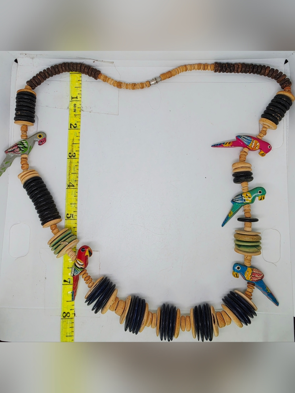Vintage Wood Bead Chunky Colorful Parrot Bird Macaw Tropical Necklace Tiki Beach